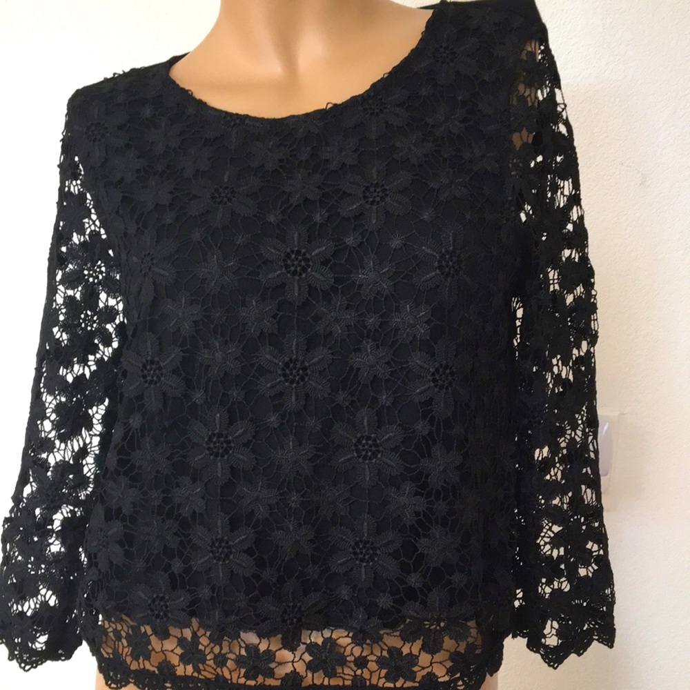 Sans Souci Black Crochet Lace Top Blouse Shirt S